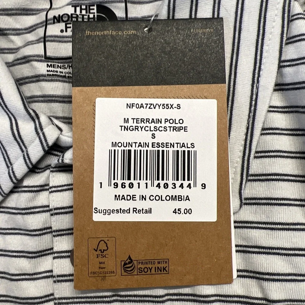 The North Face Mens Small White Gray Striped Terrain Short‎ Sleeve Polo Shirt